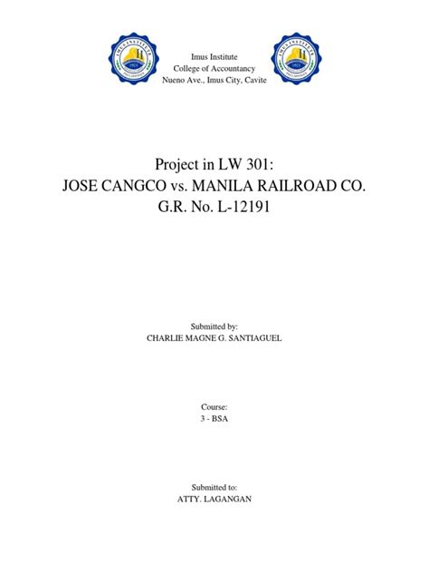 cangco portal|[CASE DIGEST] JOSE CANGCO v. MANILA RAILROAD CO. (G.R. No. L.